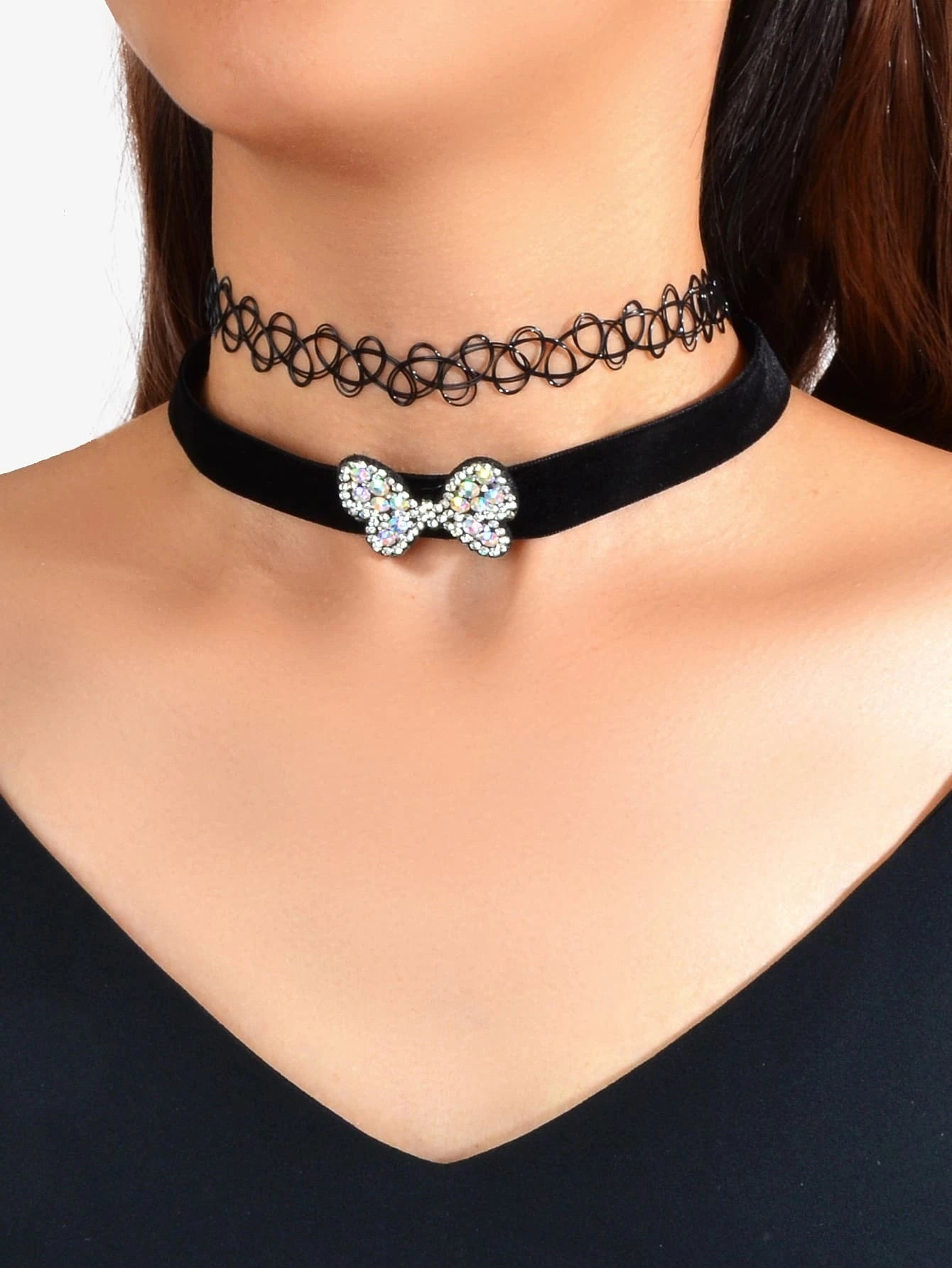 Black Elastic Rhinestone 3pcs Lace Flower Bow Velvet Boho Punk 90s Tattoo Choker