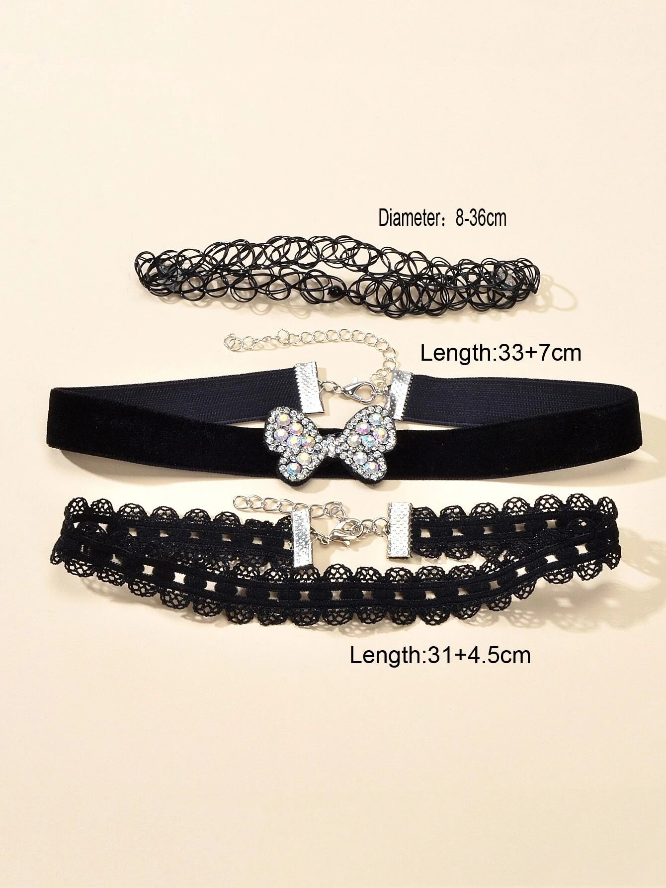Black Elastic Rhinestone 3pcs Lace Flower Bow Velvet Boho Punk 90s Tattoo Choker