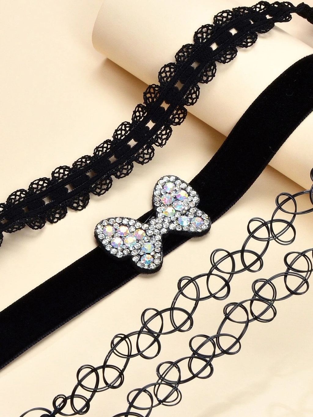 Black Elastic Rhinestone 3pcs Lace Flower Bow Velvet Boho Punk 90s Tattoo Choker