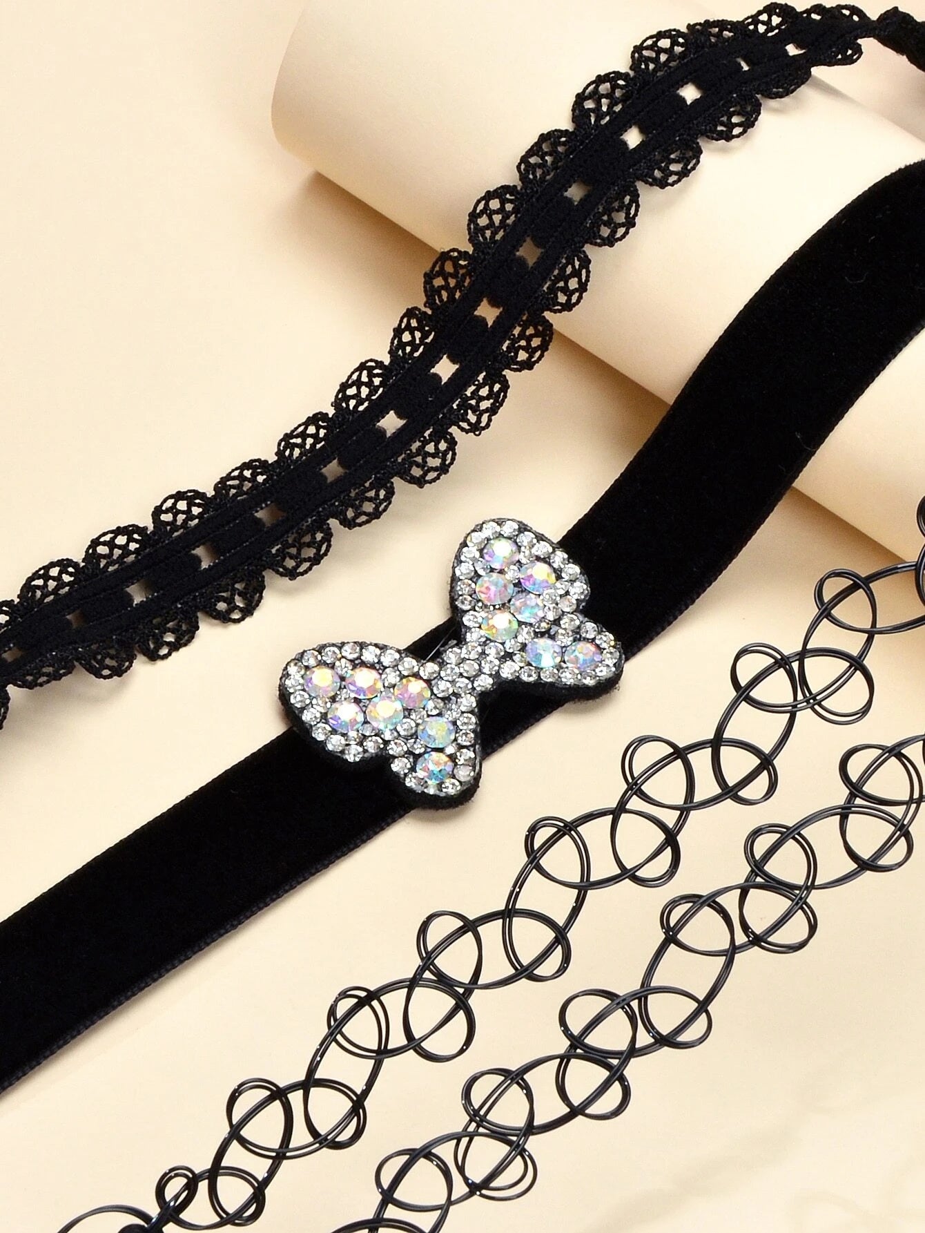 Black Elastic Rhinestone 3pcs Lace Flower Bow Velvet Boho Punk 90s Tattoo Choker