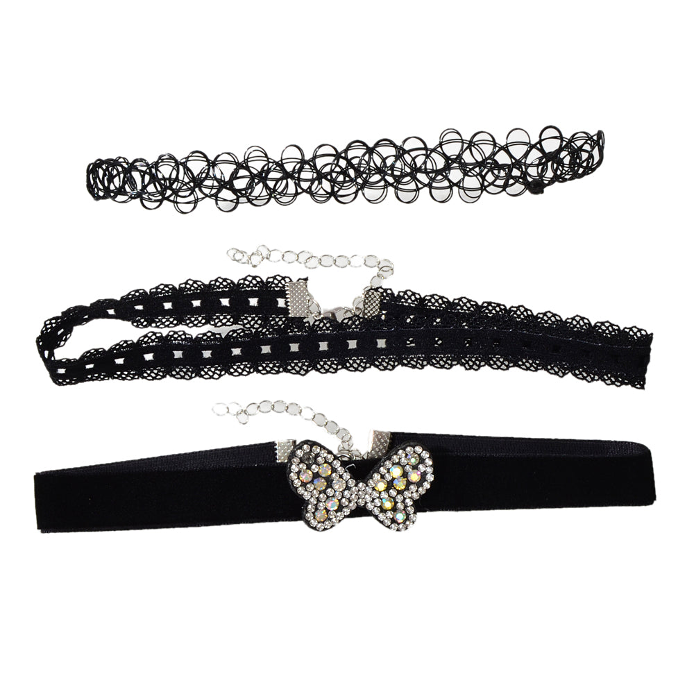 Black Elastic Rhinestone 3pcs Lace Flower Bow Velvet Boho Punk 90s Tattoo Choker