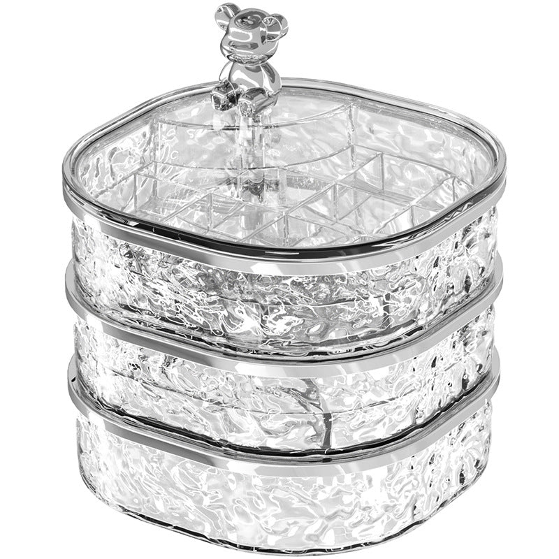 NNEDSZ Elegant Crystal Stackable Jewelry Organizer with Bear Handle - 3-Tier Display Box for Accessories 13.4*13.4*14.2cm