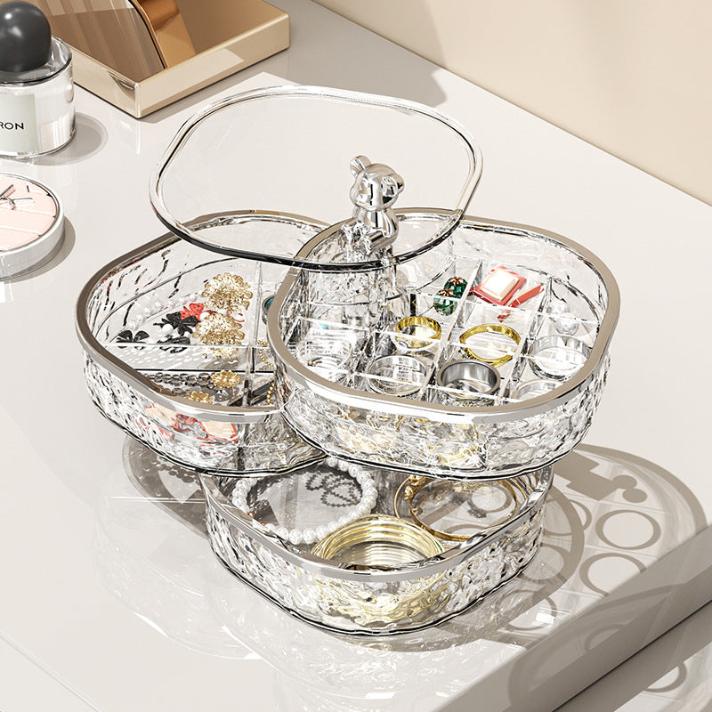 NNEDSZ Elegant Crystal Stackable Jewelry Organizer with Bear Handle - 3-Tier Display Box for Accessories 13.4*13.4*14.2cm